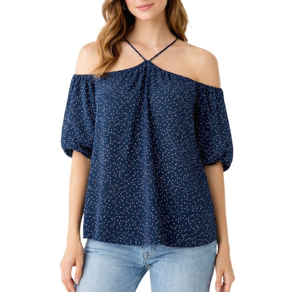 Papermoon NWT Navy Blue‎ Pin Dot Cold Shoulder Halter Blouse Top PT11585 Medium